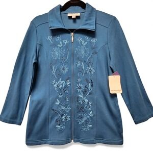Breckenridge Sweater Jacket Small Teal Embroidered Floral Lightweight NEW READ